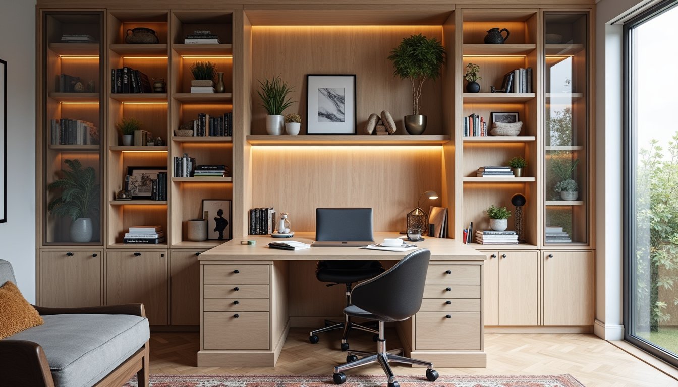 Home office with custom built-in cabinets, open shelving, and a desk with storage drawers, featuring neatly arranged books and stationery