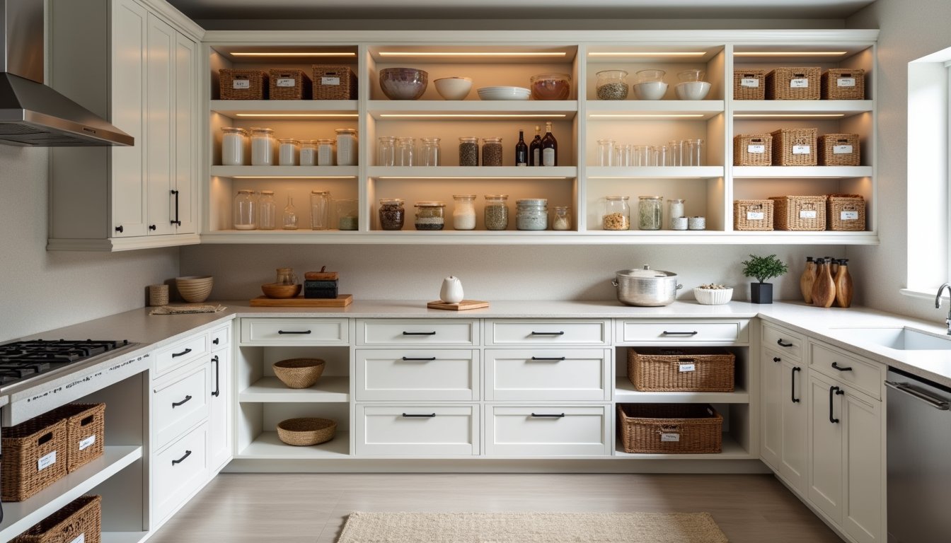 Elegant kitchen pantry with custom shelving, clear storage containers, labeled baskets, and under-shelf lighting in a clean, organized layout