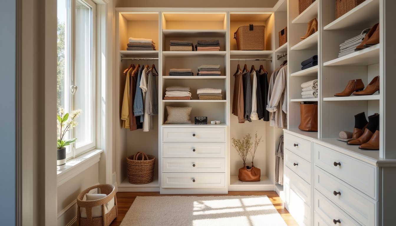 Compact reach-in closet with adjustable shelving, hanging rods, labeled bins, and pull-out drawers in a bright, minimalist design.