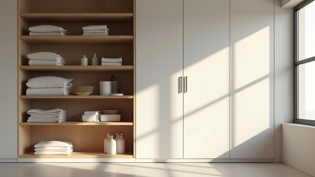 airy open shelves or concealed cabinets