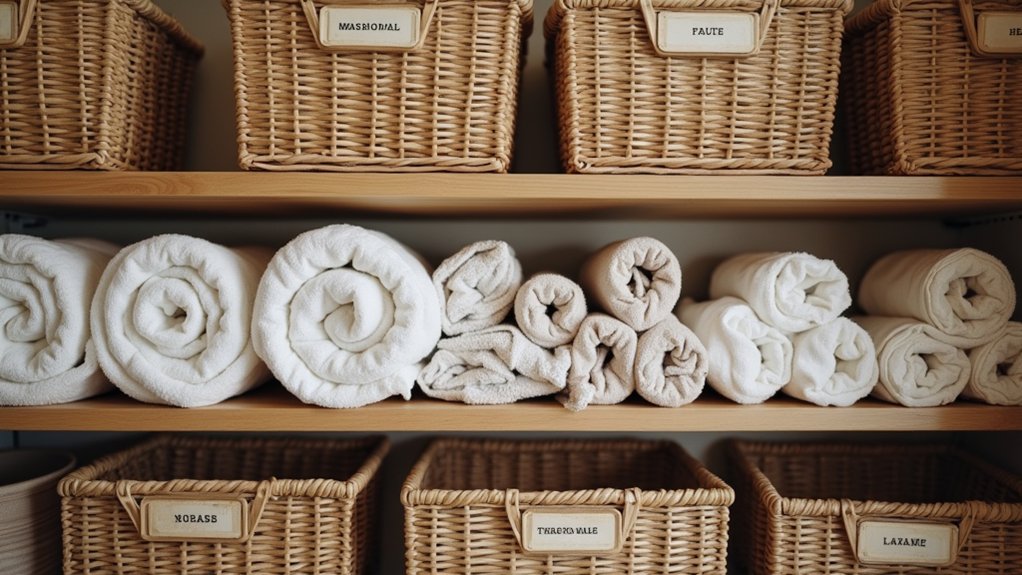 labeled baskets organize linen closet
