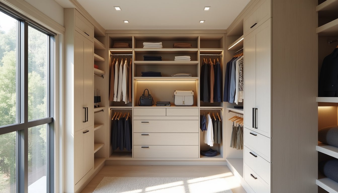 Modern walk-in closet design with neutral tones, open shelving, and neatly organized clothing in an upscale Florida home.