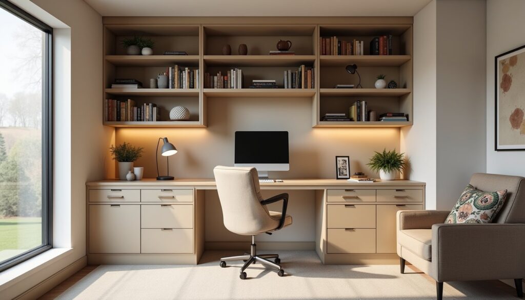 Warm, neutral-toned home office with custom shelves, storage cabinets, and a functional desk setup