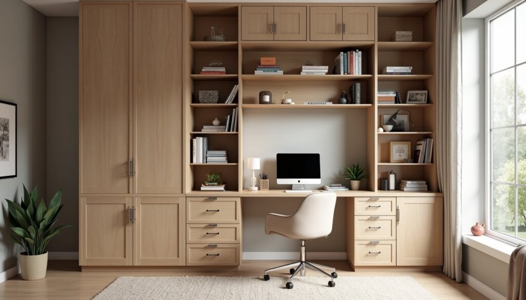 Modern home office featuring built-in cabinetry, neatly arranged books, and a clean, organized workspace