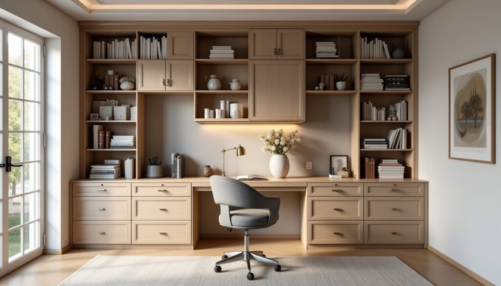 Custom home office with built-in shelving, cabinets, and a desk designed for organization and productivity.