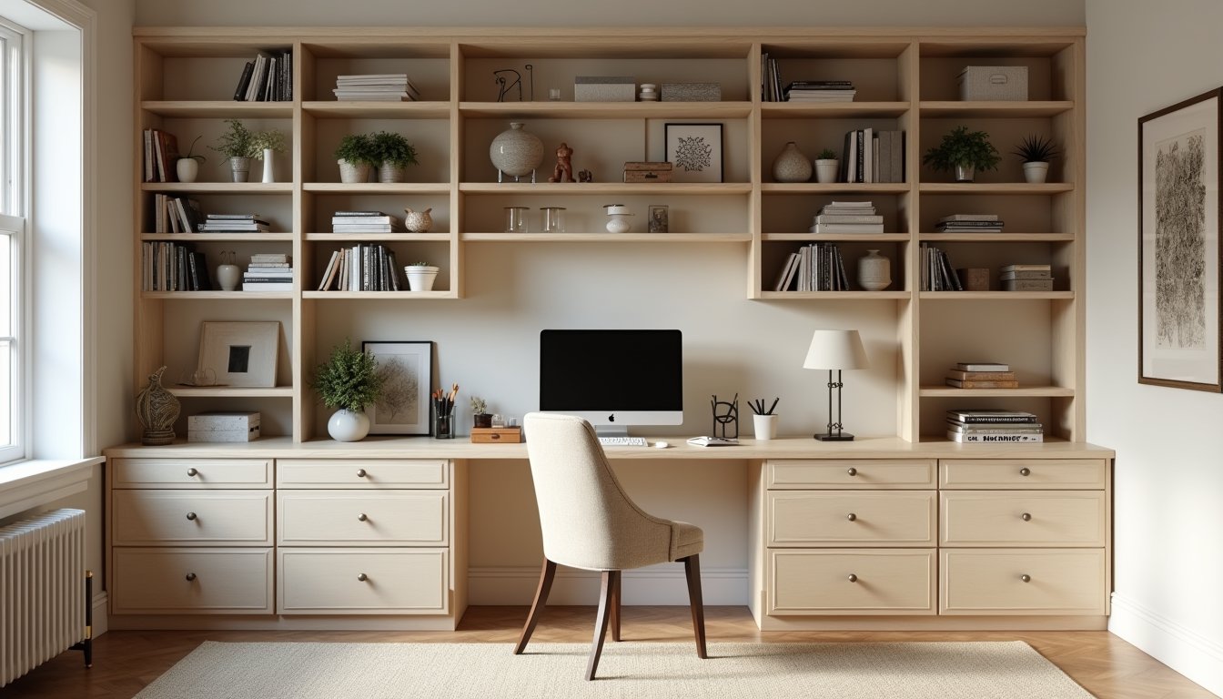 Custom office system in a residential home, showcasing built-in shelves, cabinets, and a clutter-free workspace.
