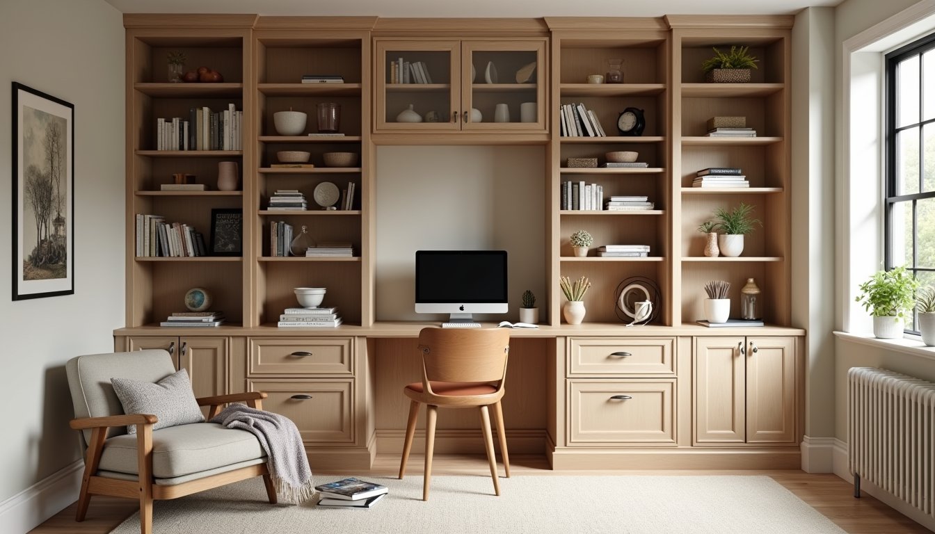 Professionally designed residential home office with built-in storage and minimal, modern decor.