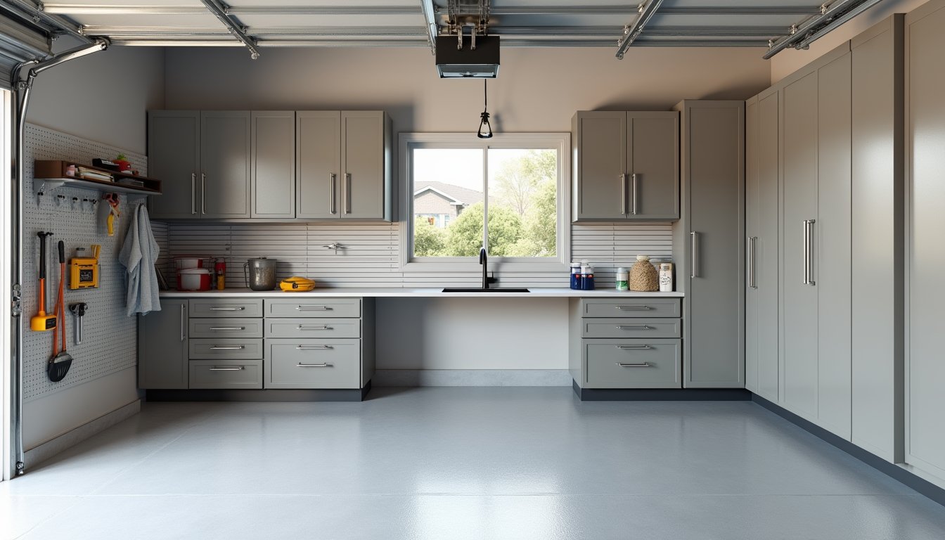 Professionally designed home garage featuring custom storage systems, slatwall panels, and epoxy flooring