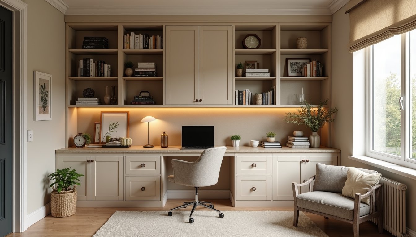 Organized home office interior with custom cabinetry, shelving, and soft natural lighting.