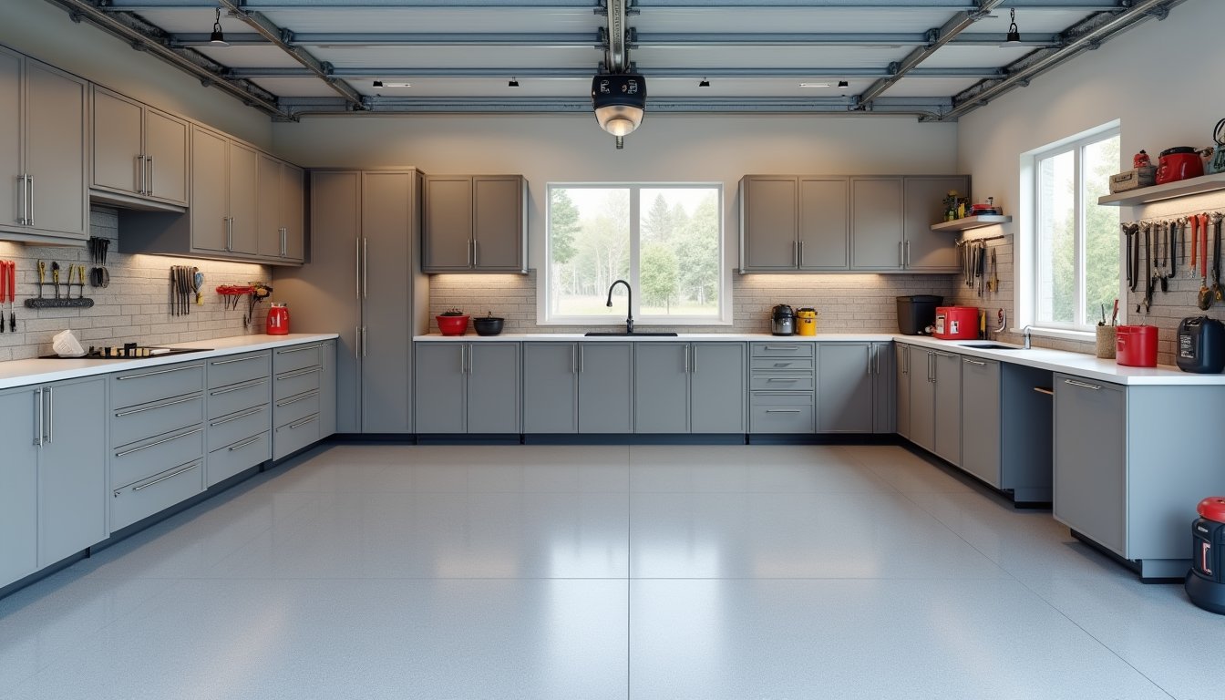 Modern suburban garage with built-in storage cabinets, overhead racks, and a clutter-free, organized layout