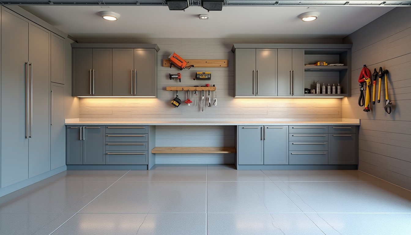 Custom residential garage with wall-mounted cabinets, overhead storage racks, and organized tools in a clean, modern space
