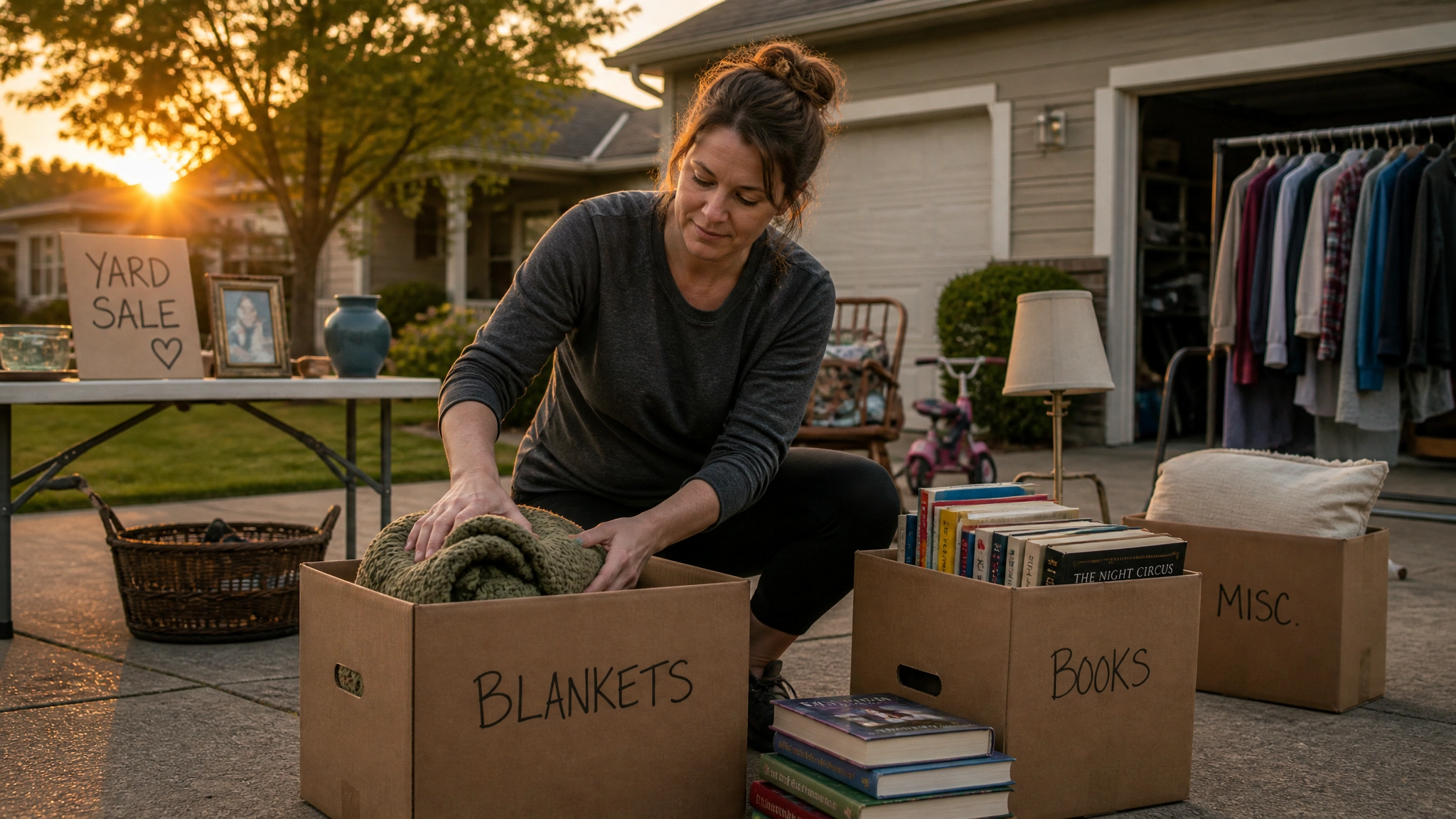 Woman sorting unsold yard sale items into boxes after a garage sale