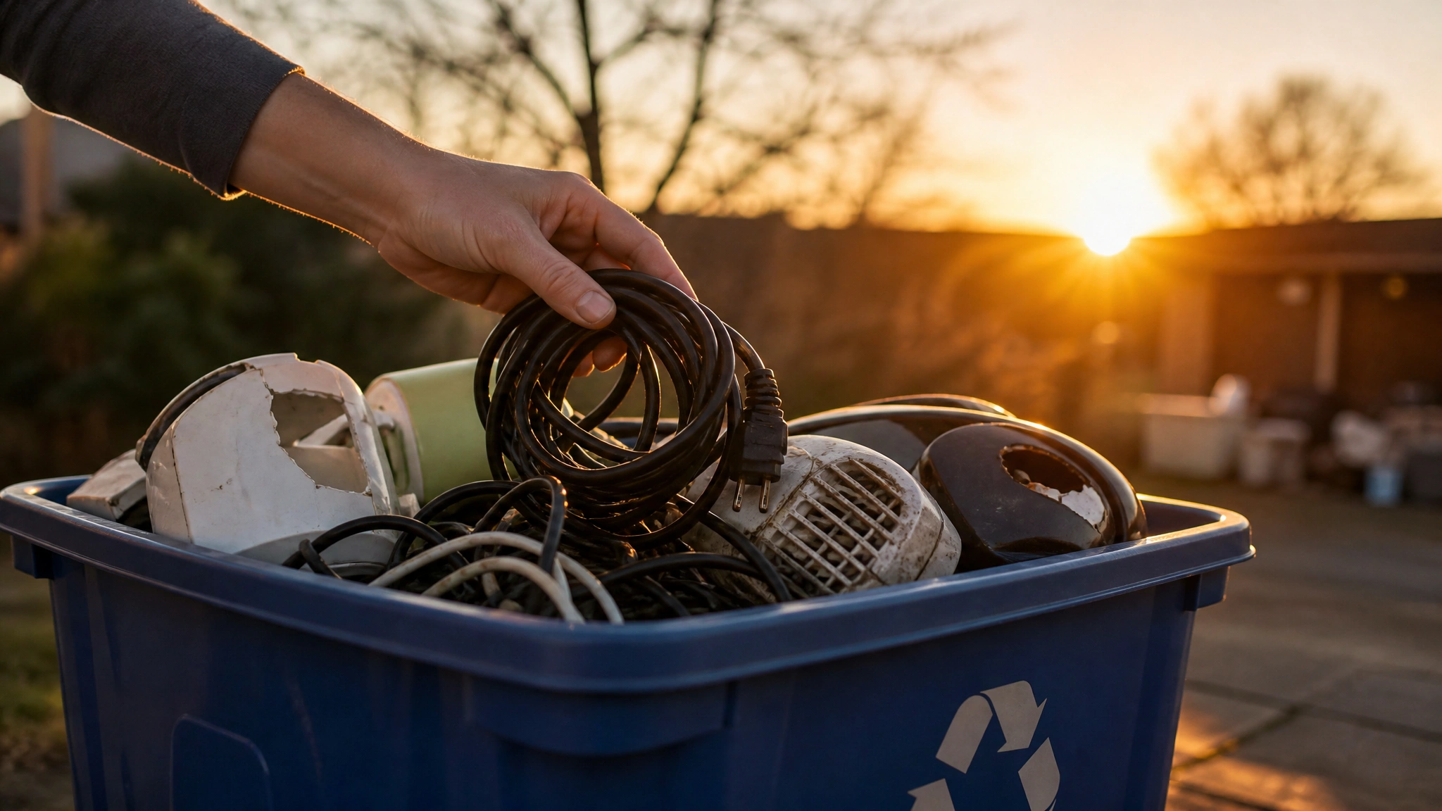 Hand placing old electrical cords and appliances in a recycling bin