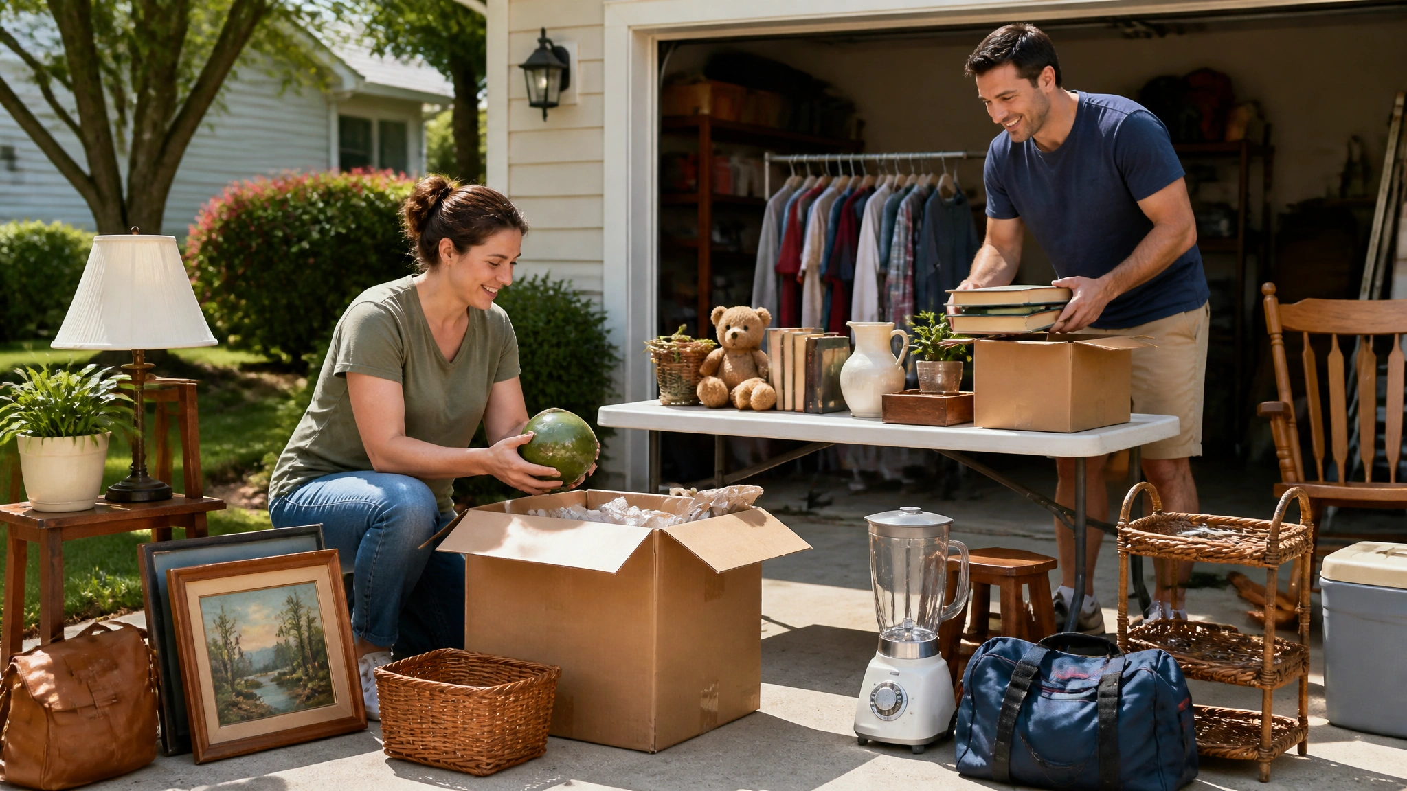 Couple organizing household items for a garage sale in their driveway