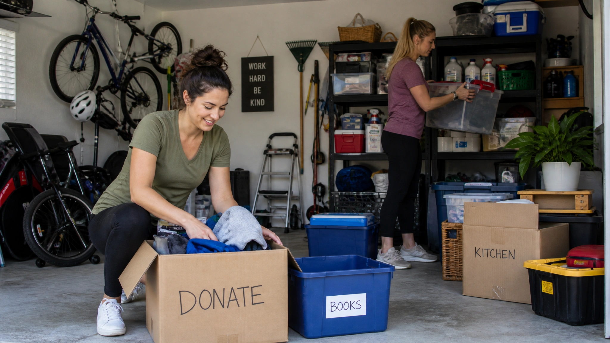 Two women sorting and organizing items in a cluttered garage
